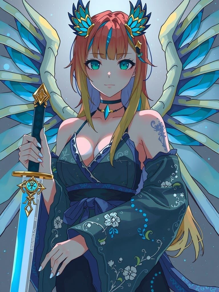 Anime Woman with Dragon Wings and Katana in Cel-Shaded Style