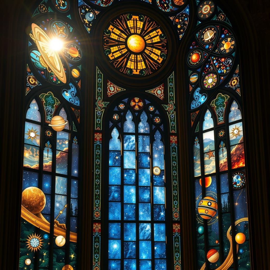 Celestial Stained Glass Window with Ethereal Glow