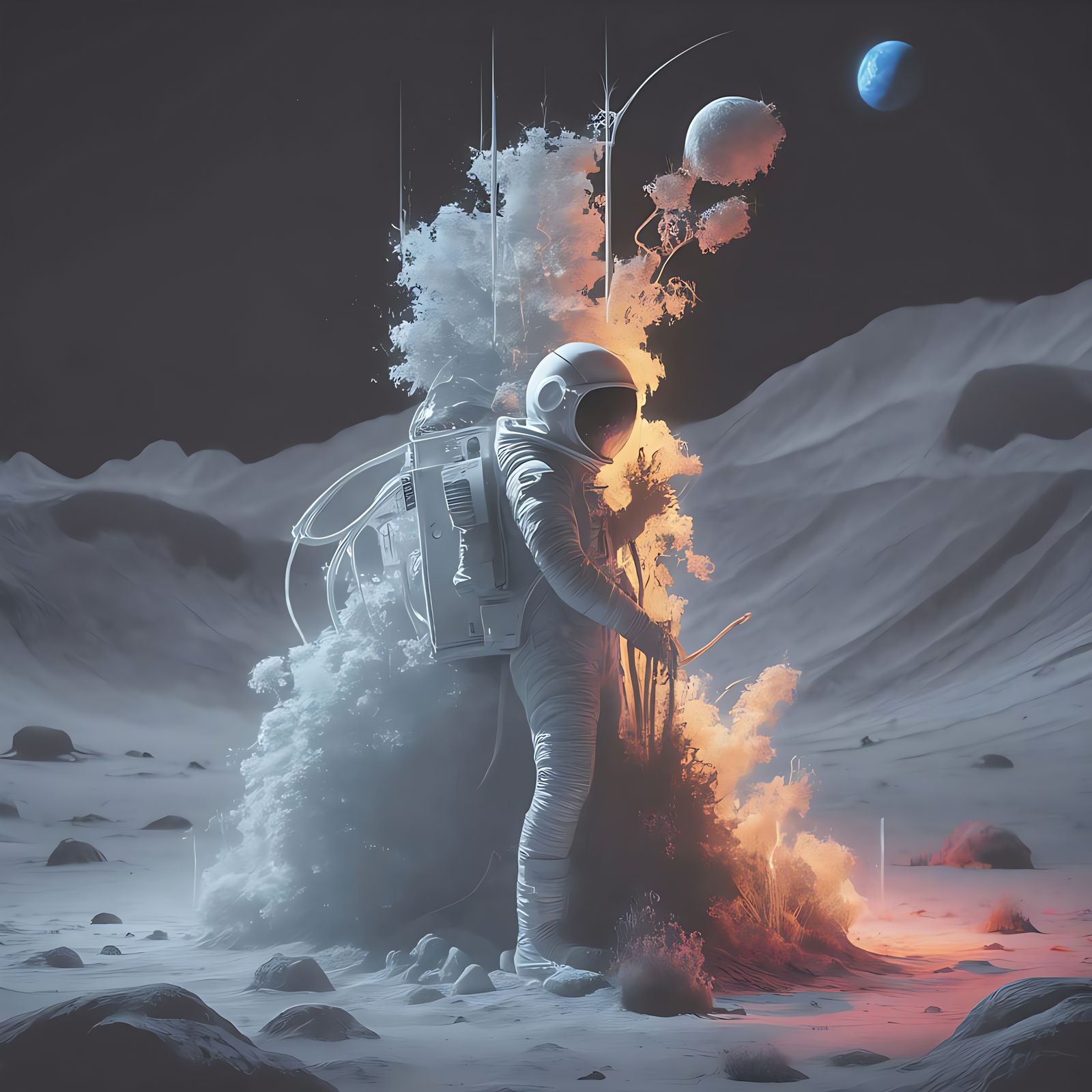 Astronaut Tends Alien Garden on Moonscape in Retro-Futuristi...