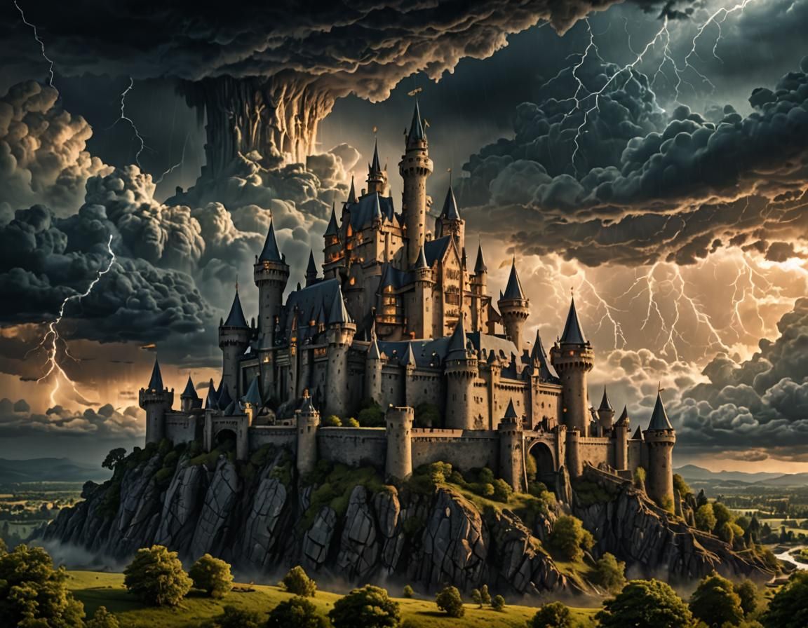 Majestic Castle Under Thunderstorm: Fantasy Concept Art