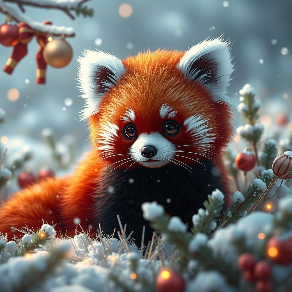 Whimsical Kawaii Red Panda in Snowy Wonderland
