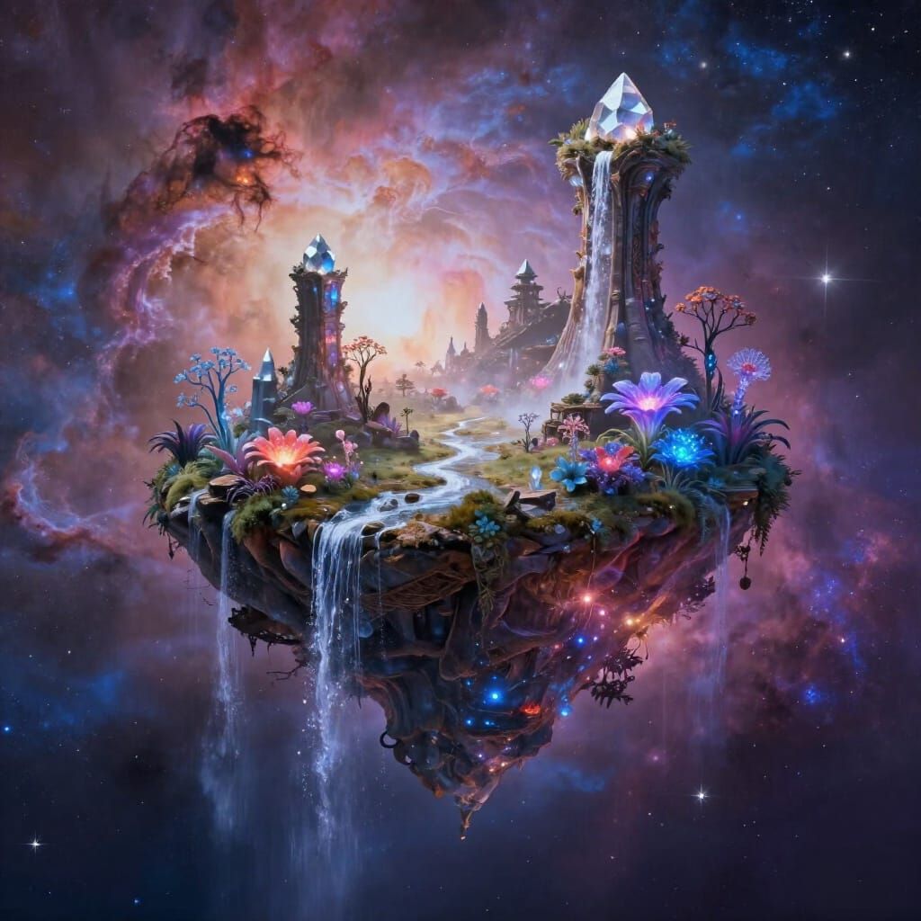 Crystalline Island in Cosmic Nebula with Alien Ruins
