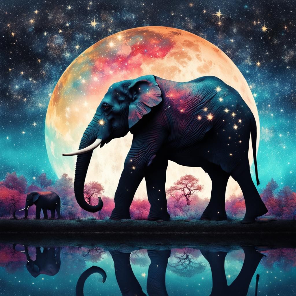 Starry Elephant Moonscape in Graffiti Art Style