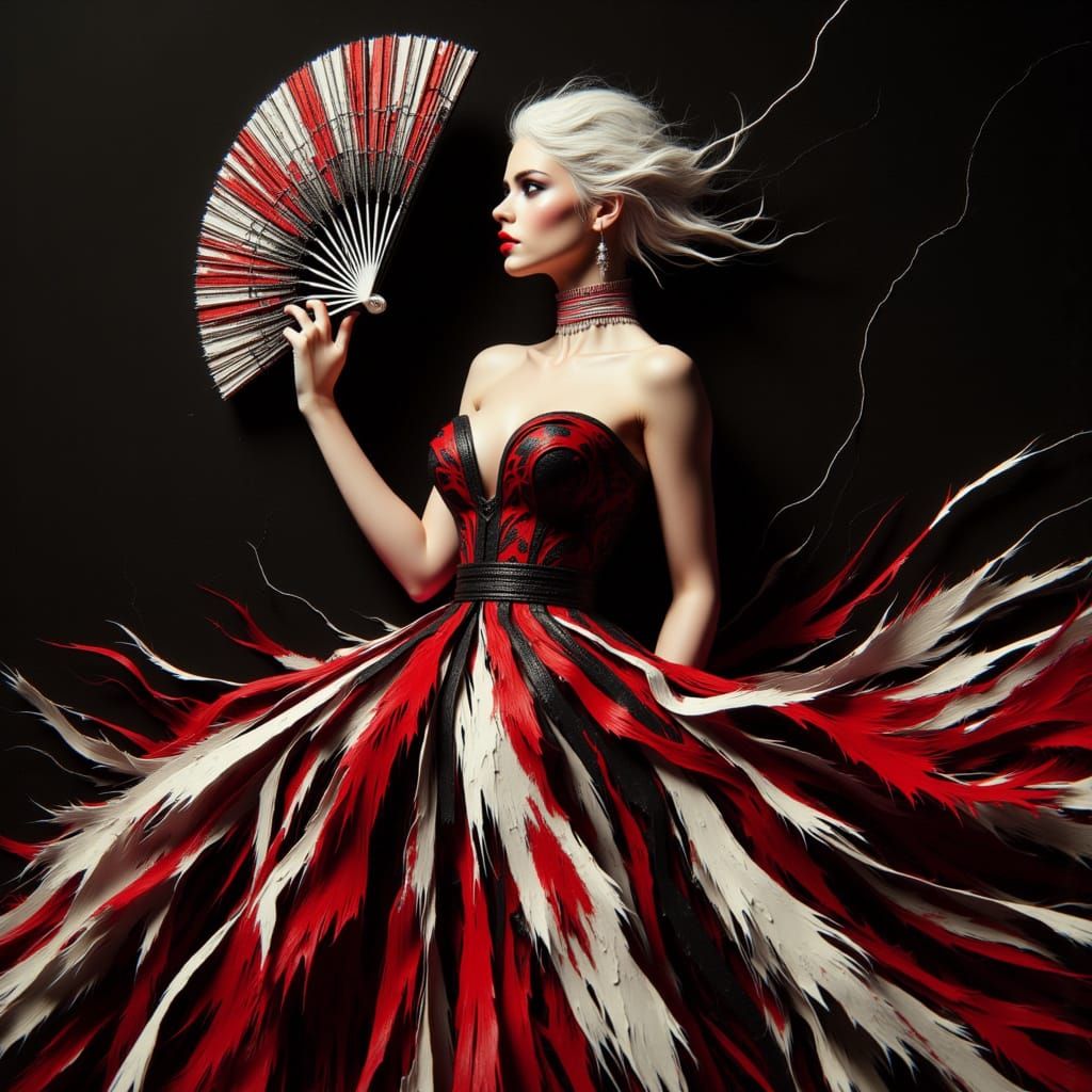 Avant-Garde Woman in Red, White, Black Gown with Ornate Fan