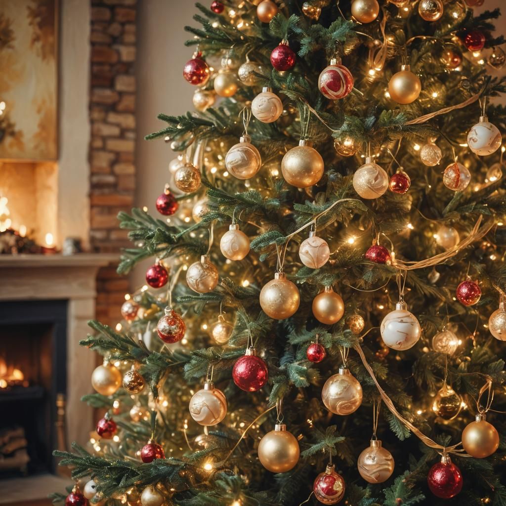 Impressionist Christmas Tree with Cozy Fireplace