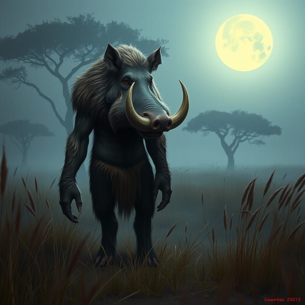 Moonlit Were-Warthog Emerges from Dark Fantasy Savannah