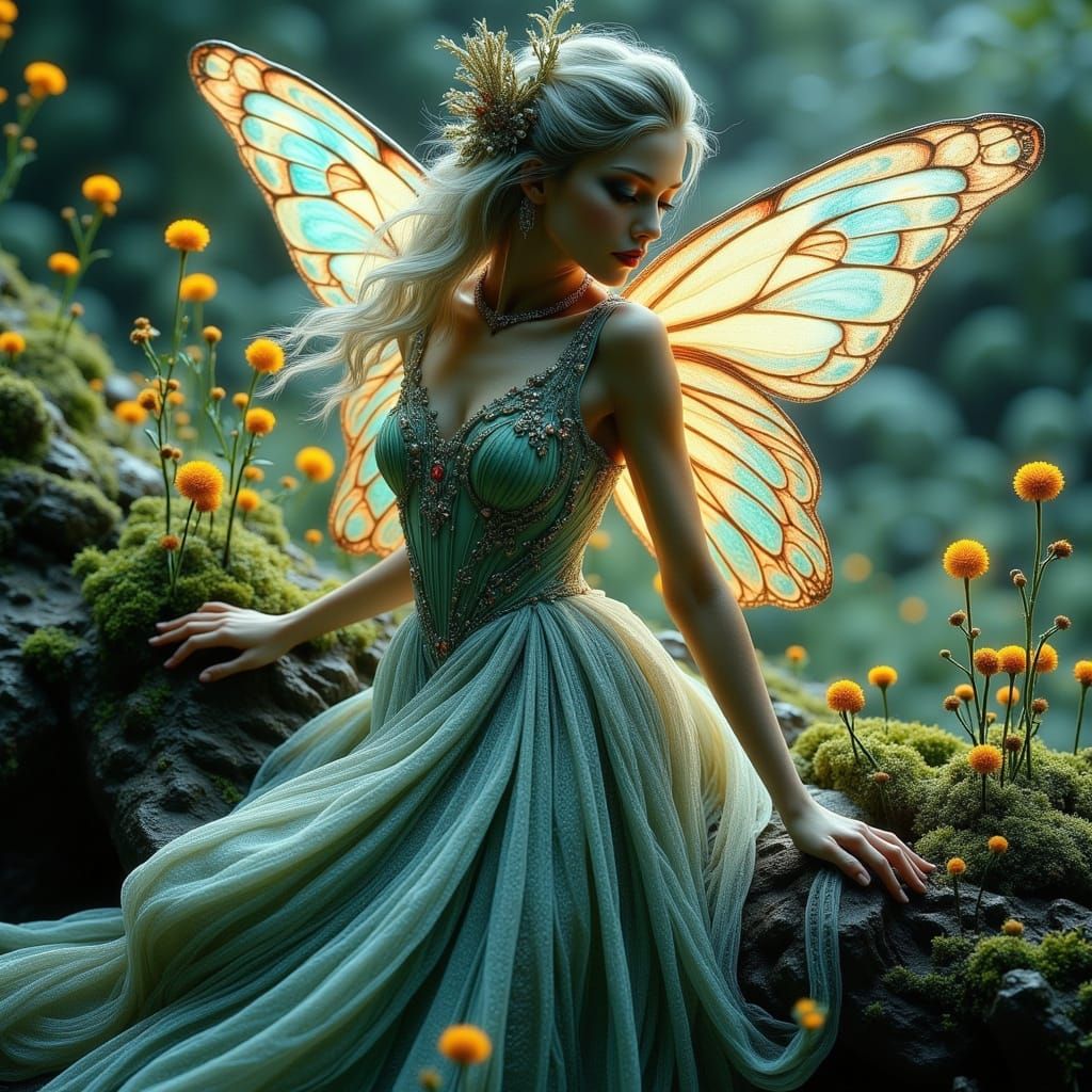 Whimsical Dark Fairy Nymph in Iridescent Gown