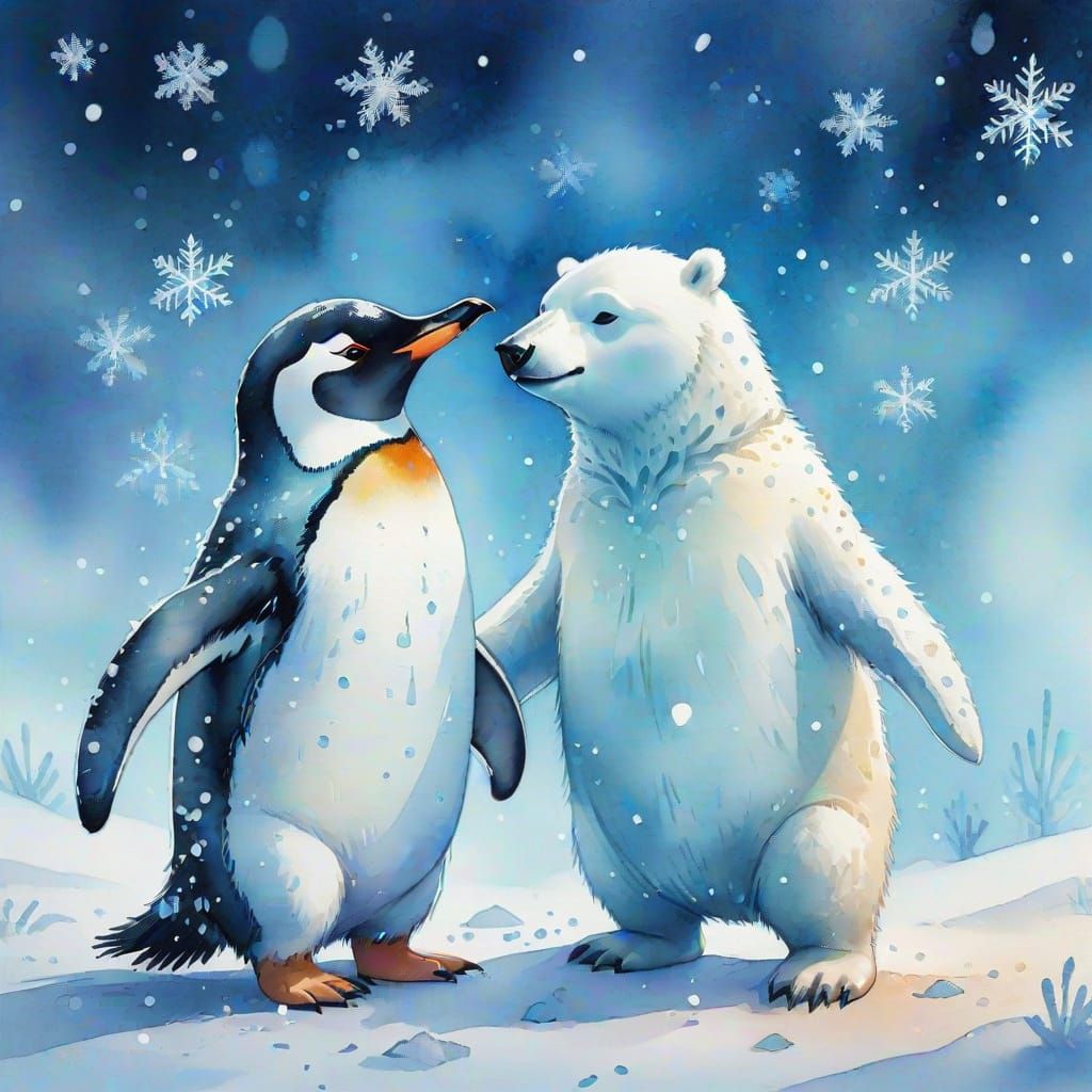 Penguin and Polar Bear Play in Watercolor Winter Wonderland