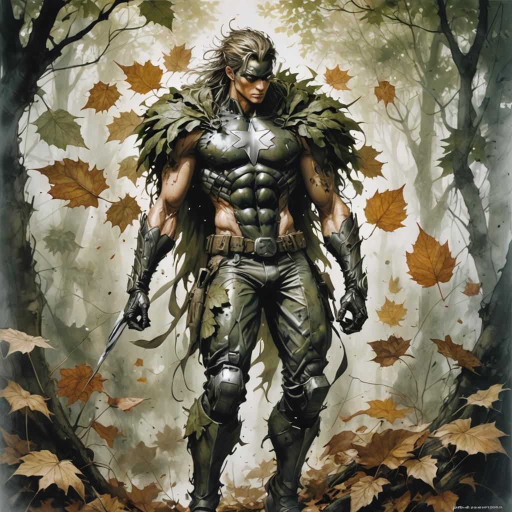 Leaf-Clad Superhero in Airbrush Comic Art