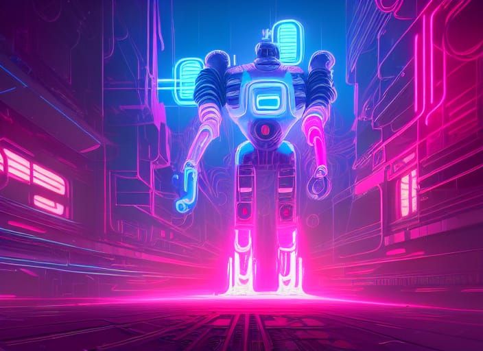 Neon Tech Robot in Cyberpunk Space Station