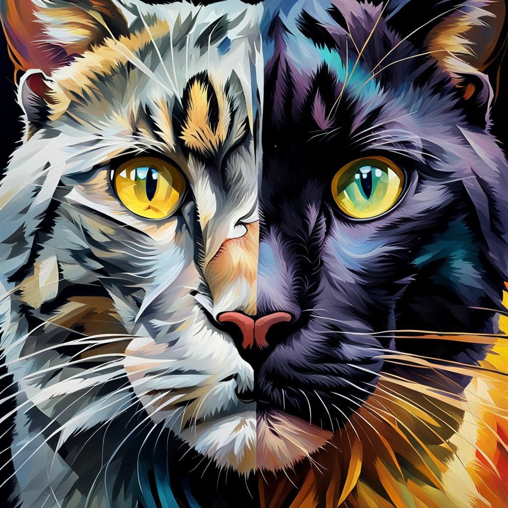 Surreal Split Portrait: Cat and Panther in Oil