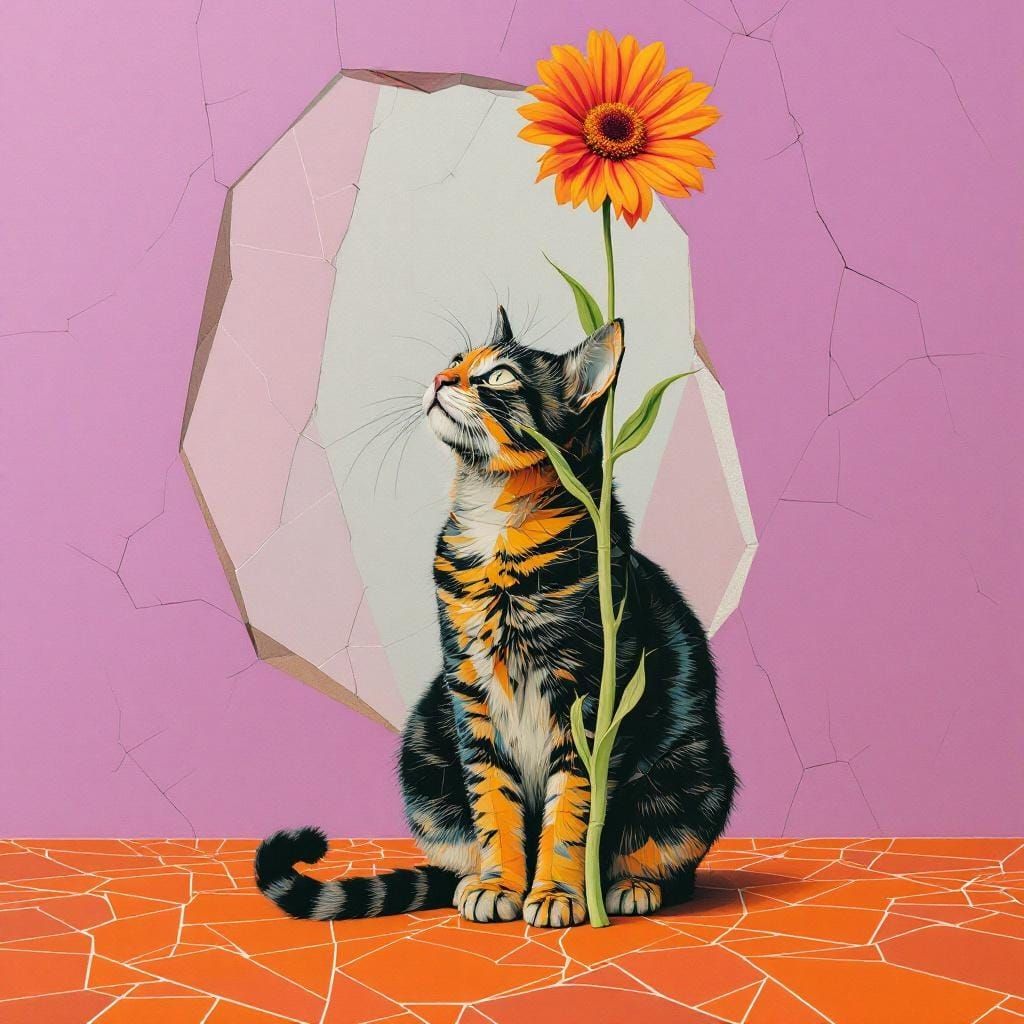 Cat Under Flower: Surreal Collage in Geometric Style