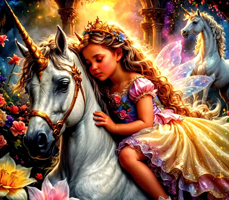 Baby Princess and Magical Unicorn: Hyperrealistic Dreamscape