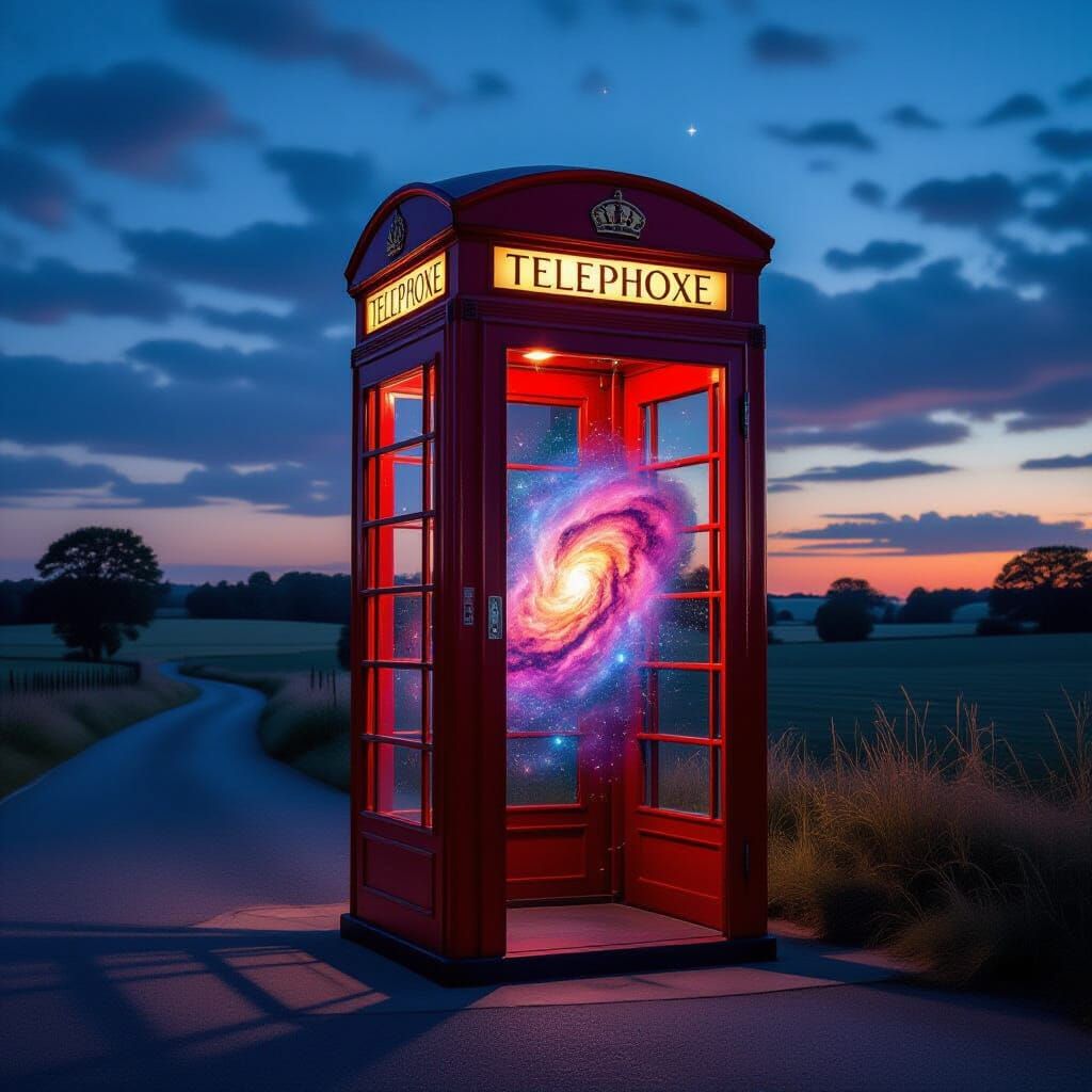 Cosmic Nebula Phone Booth on Country Road at Dusk