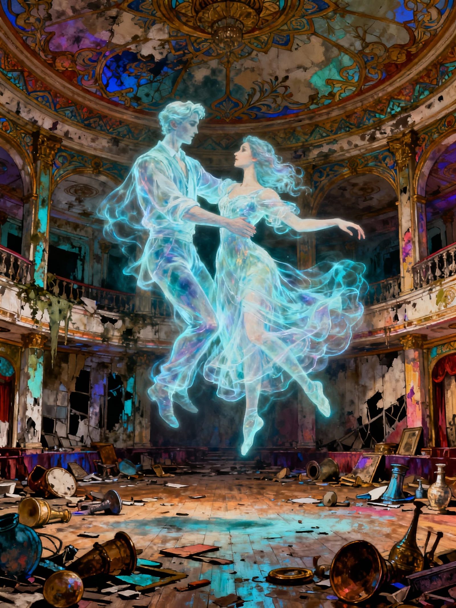 Ethereal Ghosts Dance in Abandoned Ballroom Acrylic Painting
