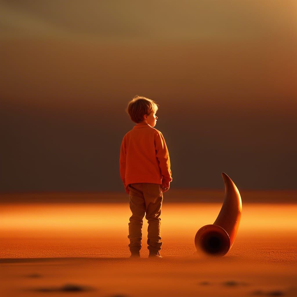 Lonely Boy with Horn in Golden Landscape