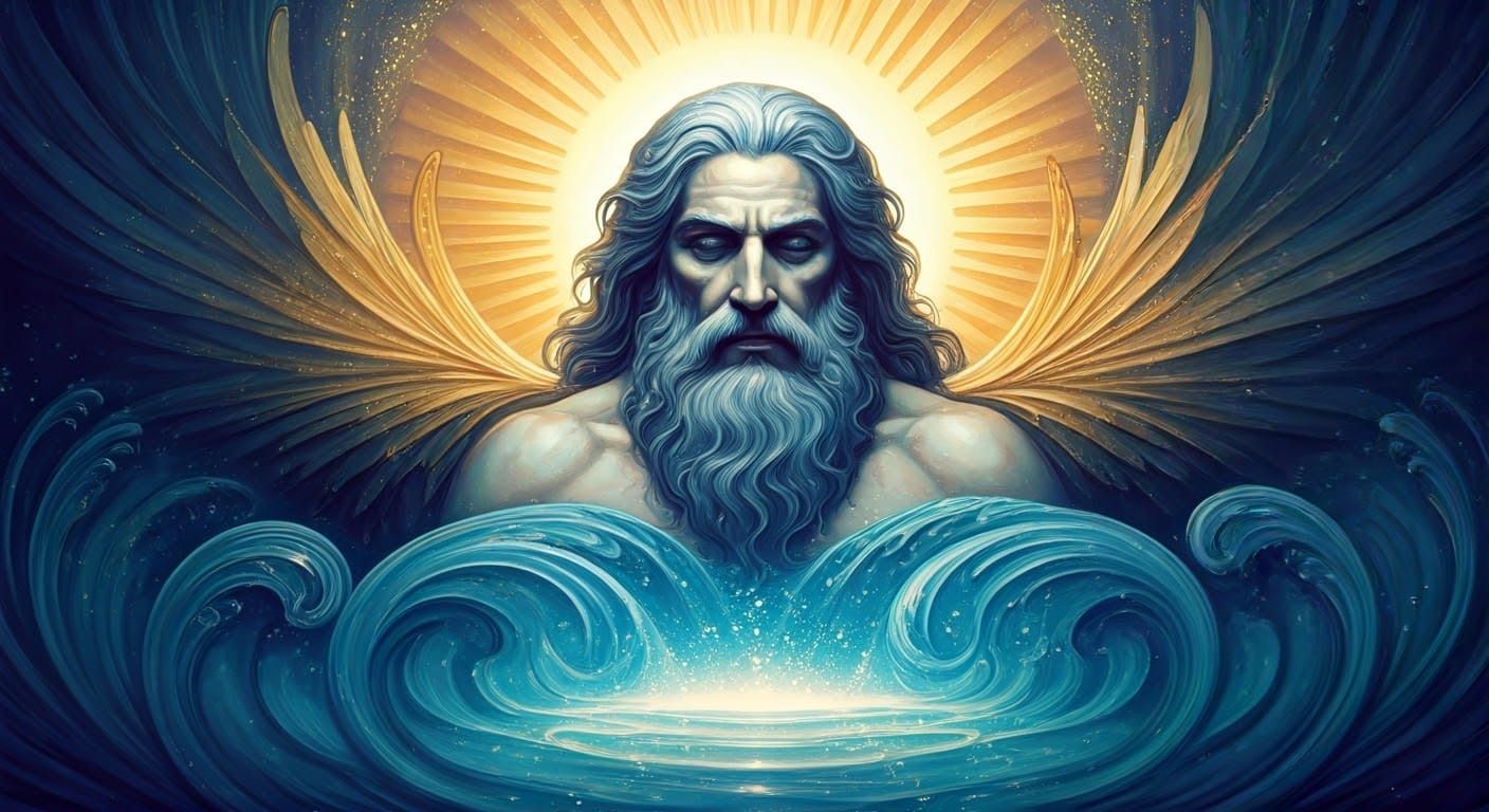 Majestic Watercolor God Neptune Embracing Pisces Zodiac