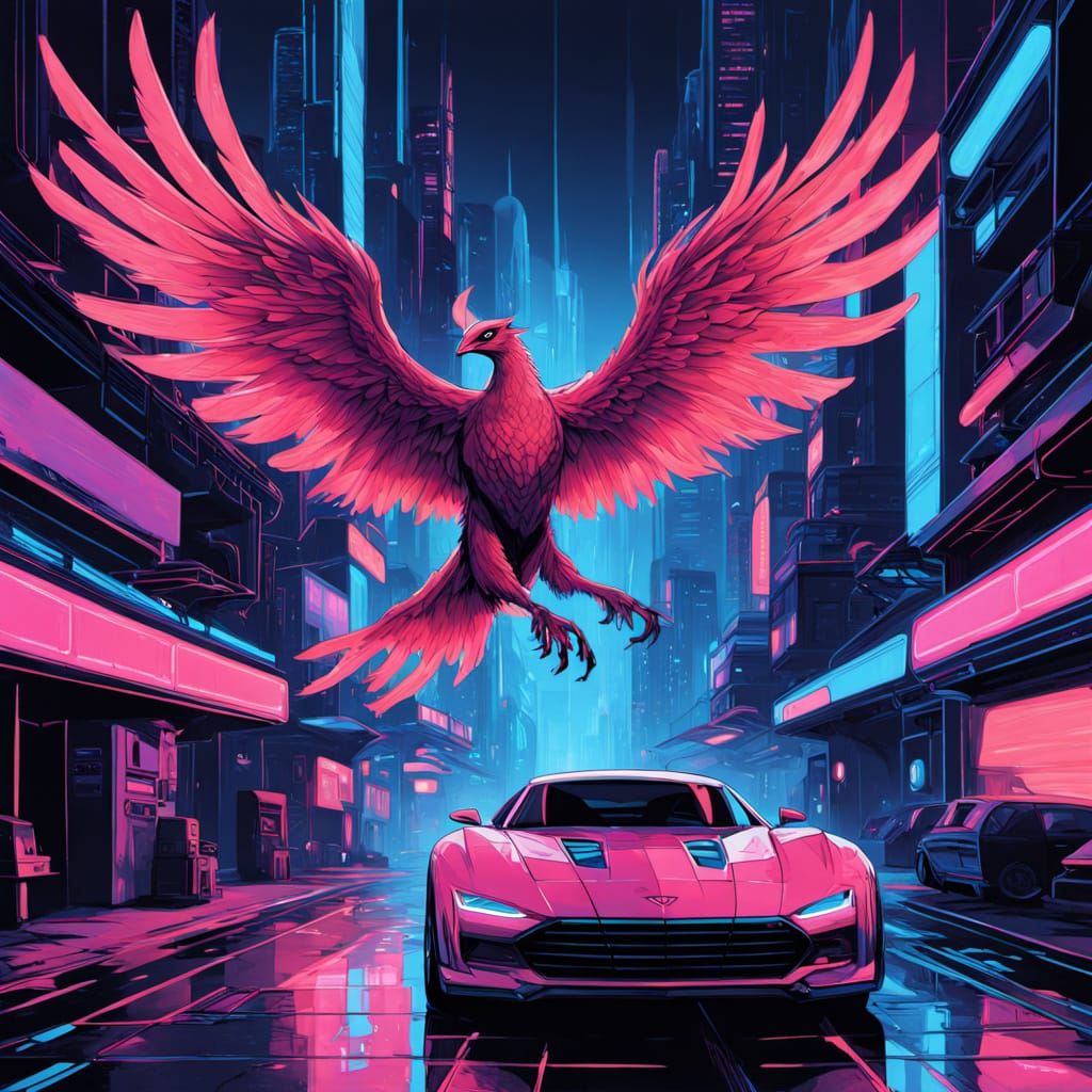 Cyberpunk Phoenix Rises from Flames in Neon-Lit Cityscape
