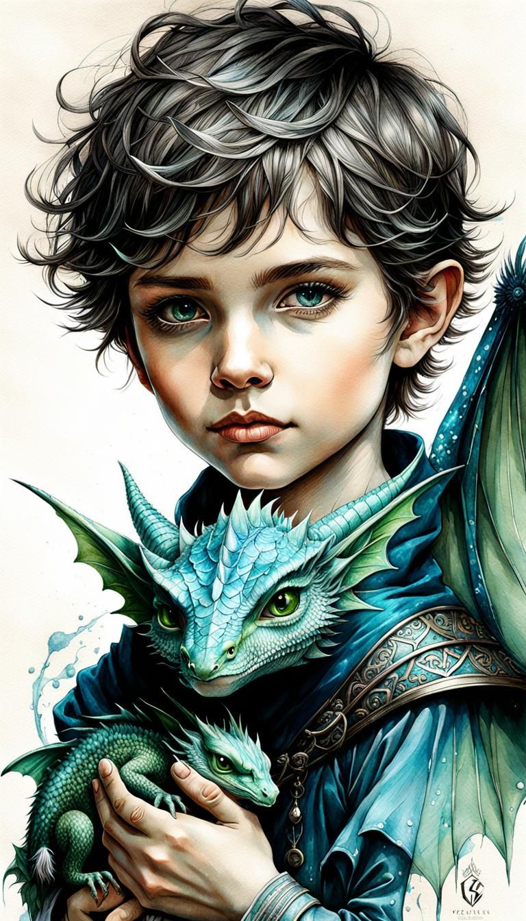 Young Wizard with Baby Dragon in Dark Fantasy Art