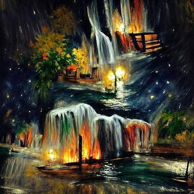 Waterfall at Night in Impasto Style