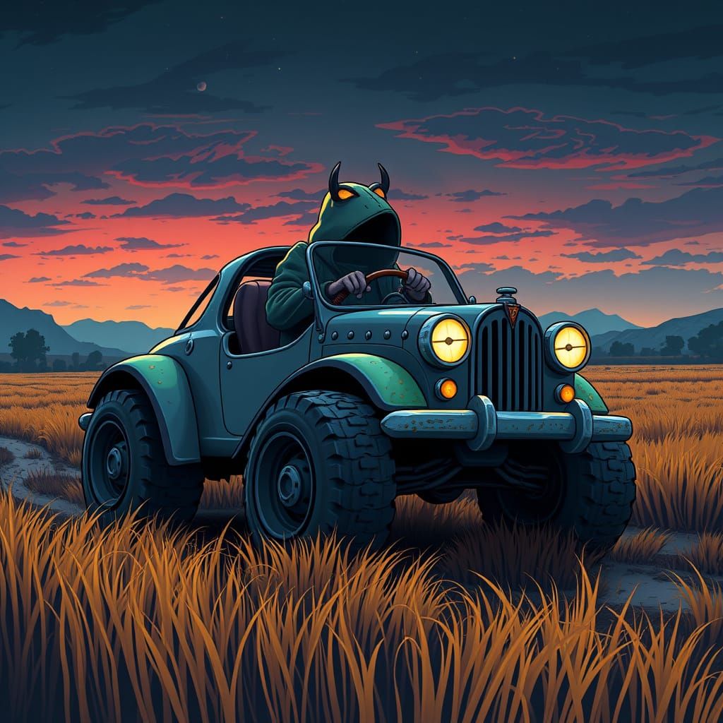 Cartoon Car Midnight Drive in Comic Style