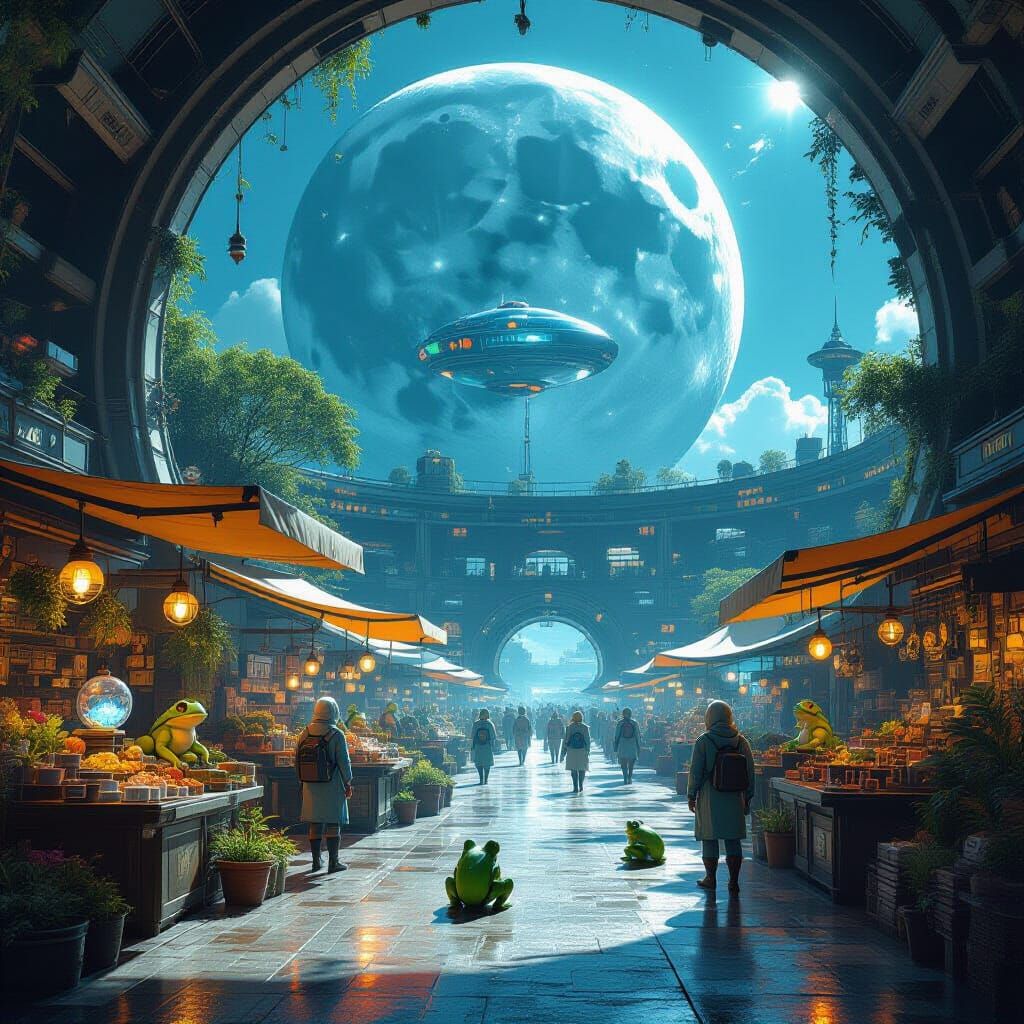 Bustling Lunar Marketplace Under Glass Dome