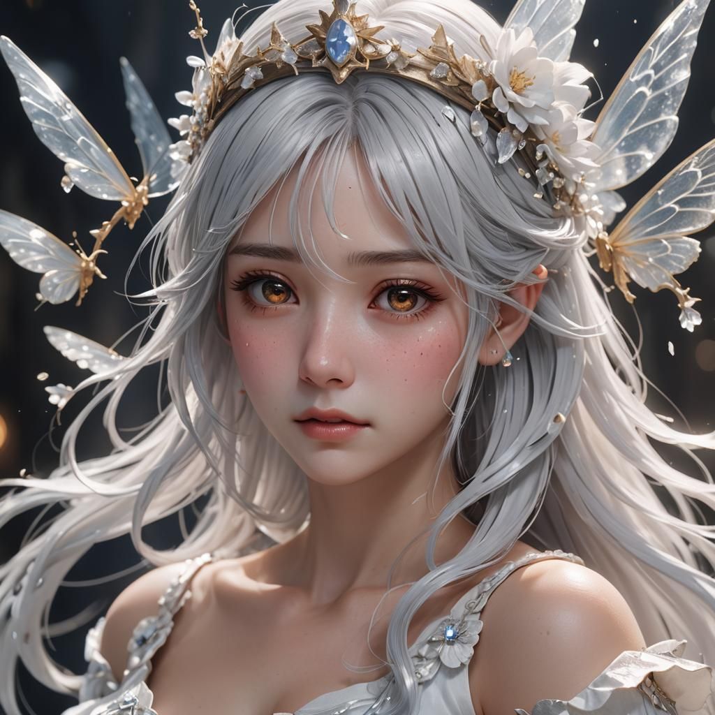 Crying Silver-Haired Princess in 3D Anime Style