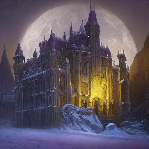 Majestic Snowy Road Under Moonlight: Dark Fantasy Art