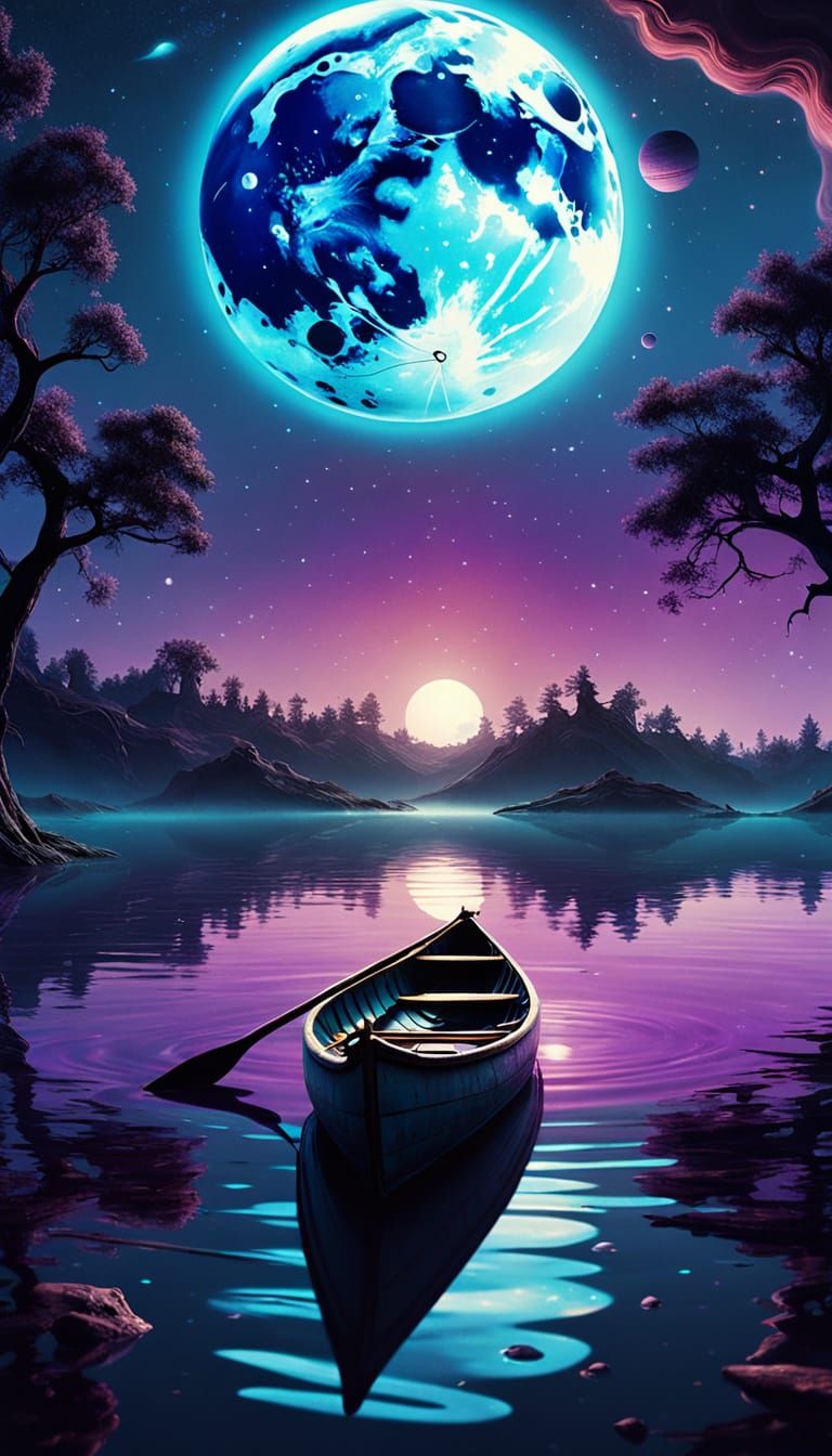 Canoe on Liquid Planet Reflecting Galaxy in Surreal Style