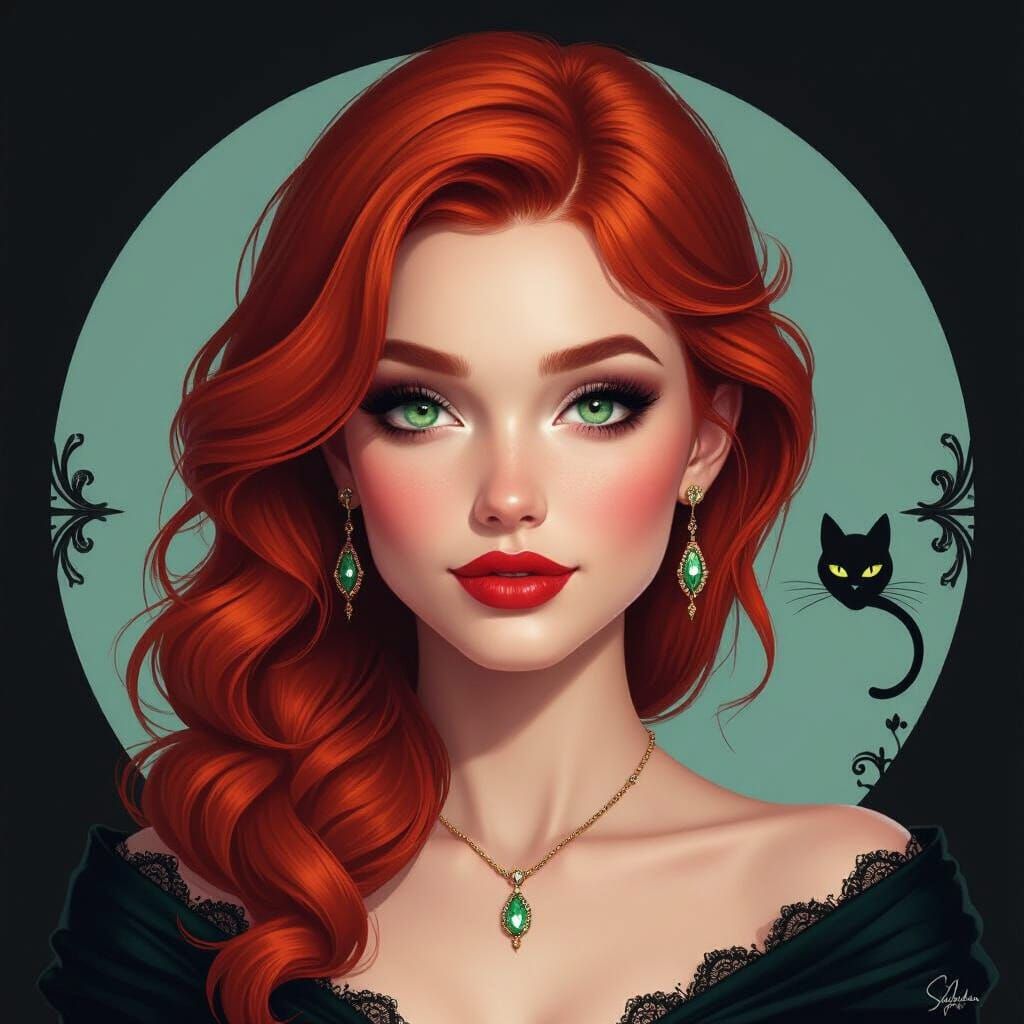 Hyperrealistic Portrait of a Red-Haired Woman with Green Eye...
