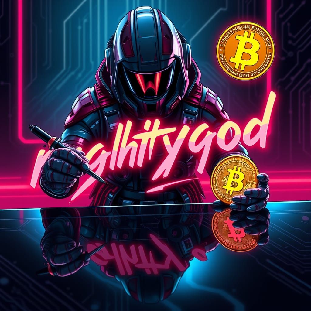 Cyberpunk Miner Holding Bitcoin Coin