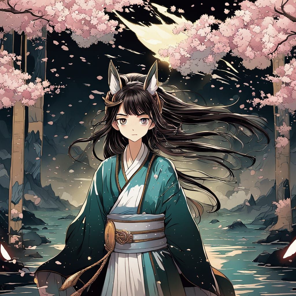 Serene Samurai Warrior Woman in Cherry Blossoms