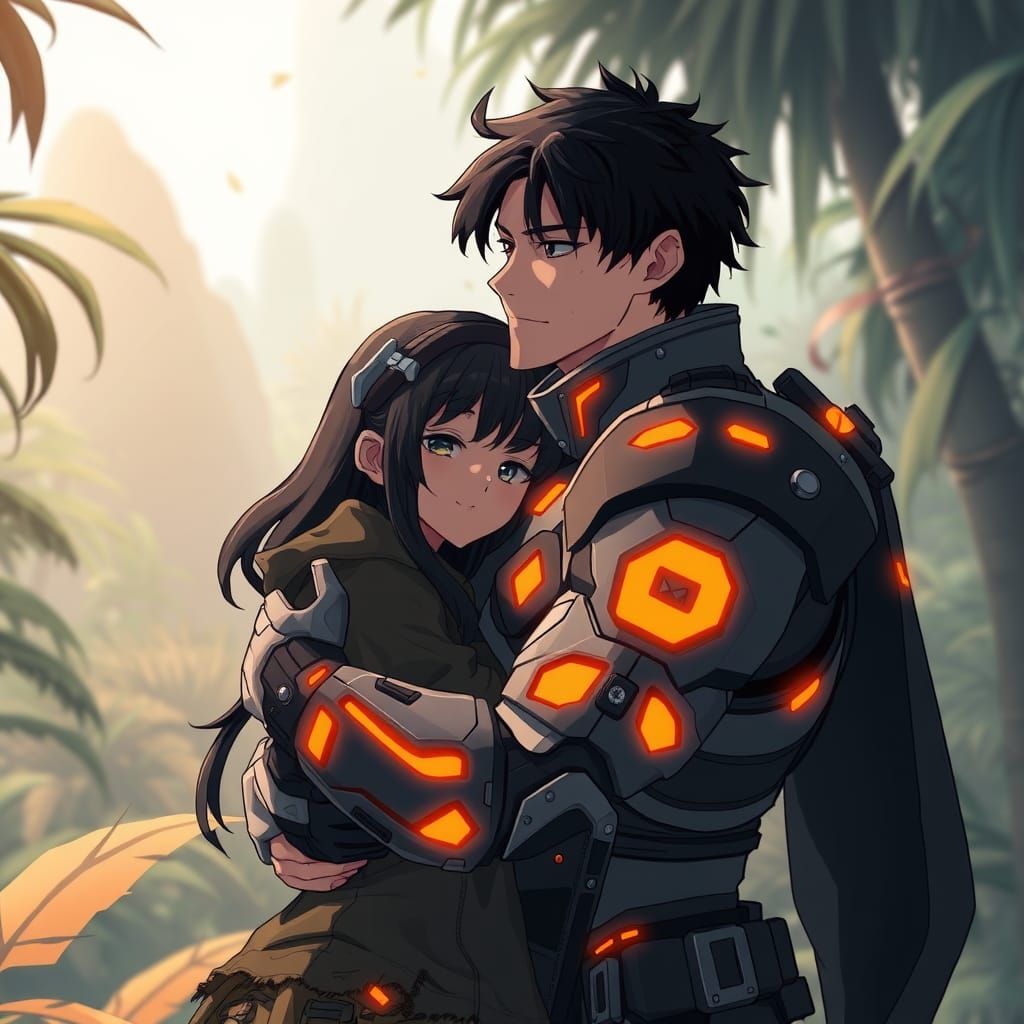 Futuristic Allies Embrace in Alien Jungle