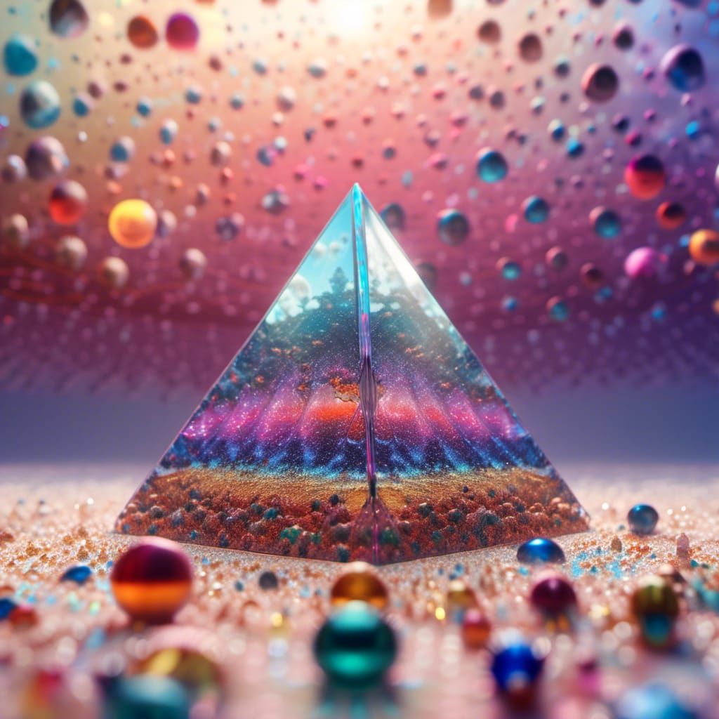 Crystal glass pyramid containing planets and galaxies made of translucent colors