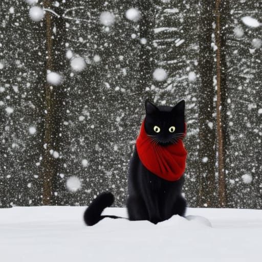 Black Cat in Snowy Christmas Forest