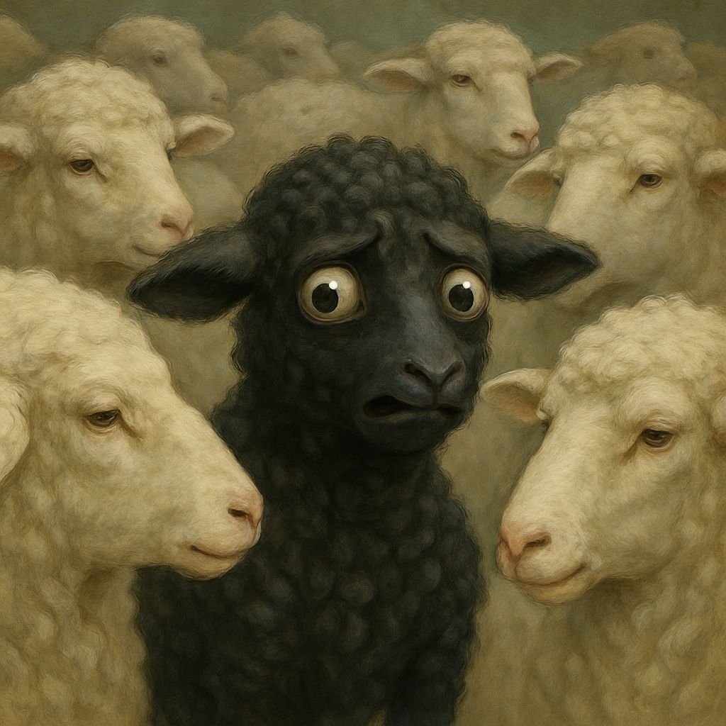 Surreal Black Lamb Blending with White Sheep