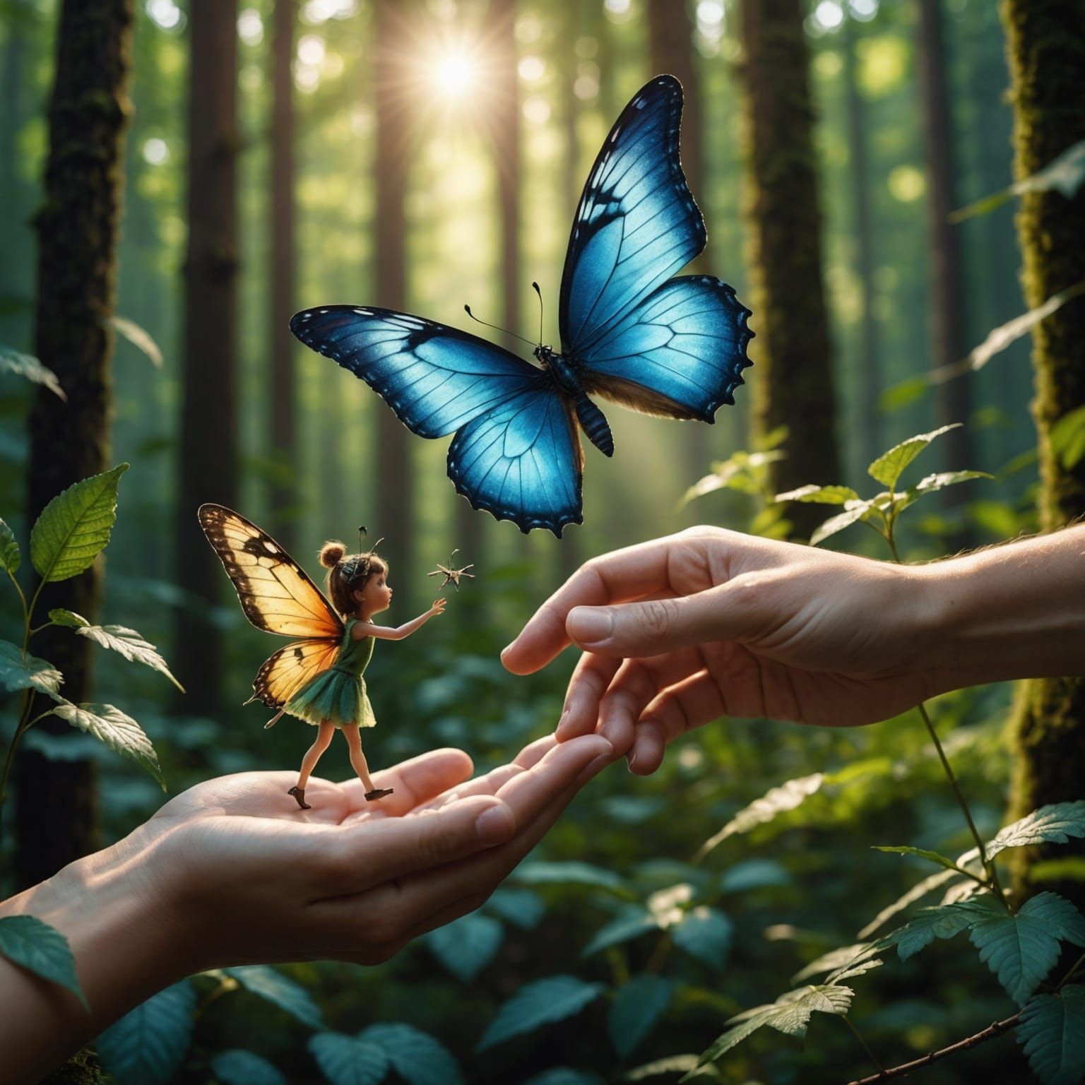 Fairy and Butterfly Fly in Forest Light