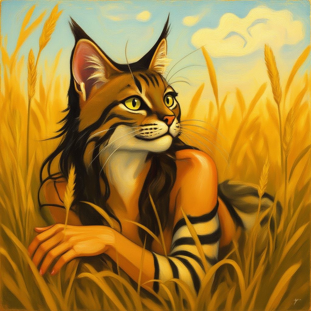 Human-Bobcat Hybrid with Gold Eyes in Tall Grass
