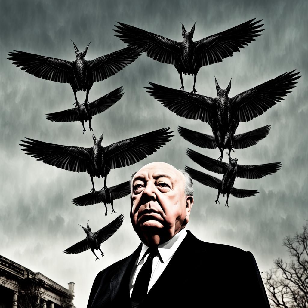 Hyperrealistic Alfred Hitchcock with Microraptors