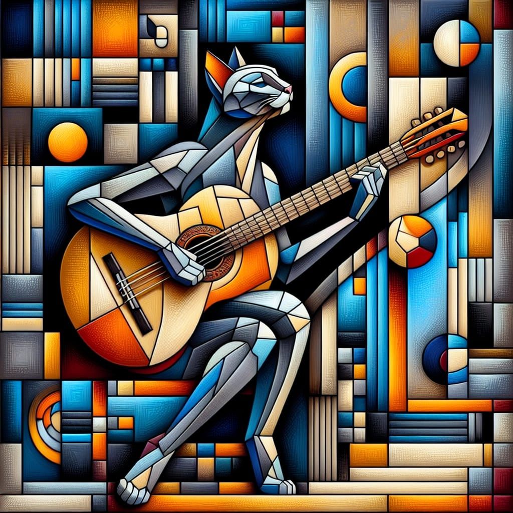 Bombay Cat Playing Guitar in Cubist Art Deco Style
