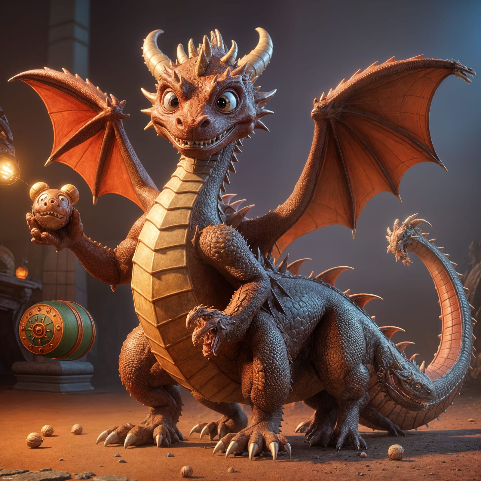 Red Dragon with Nuts: Pixar-Style 3D Digital Art