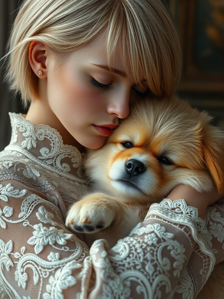 Slavic Girl Embracing Dog in Digital Art Style