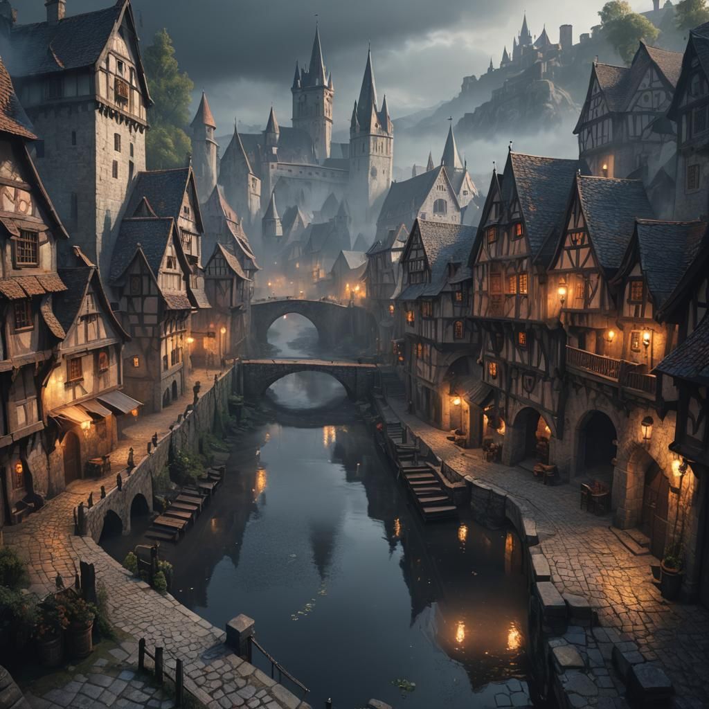 Mystical Medieval Town at Night in Unreal Engine Style