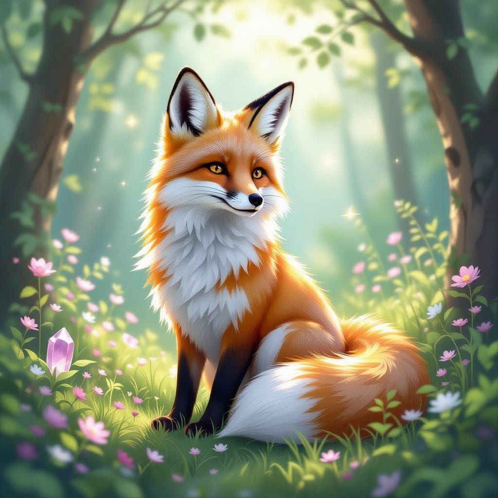 Crystal Fox in Sunlit Forest: Fantasy Art Nouveau Style
