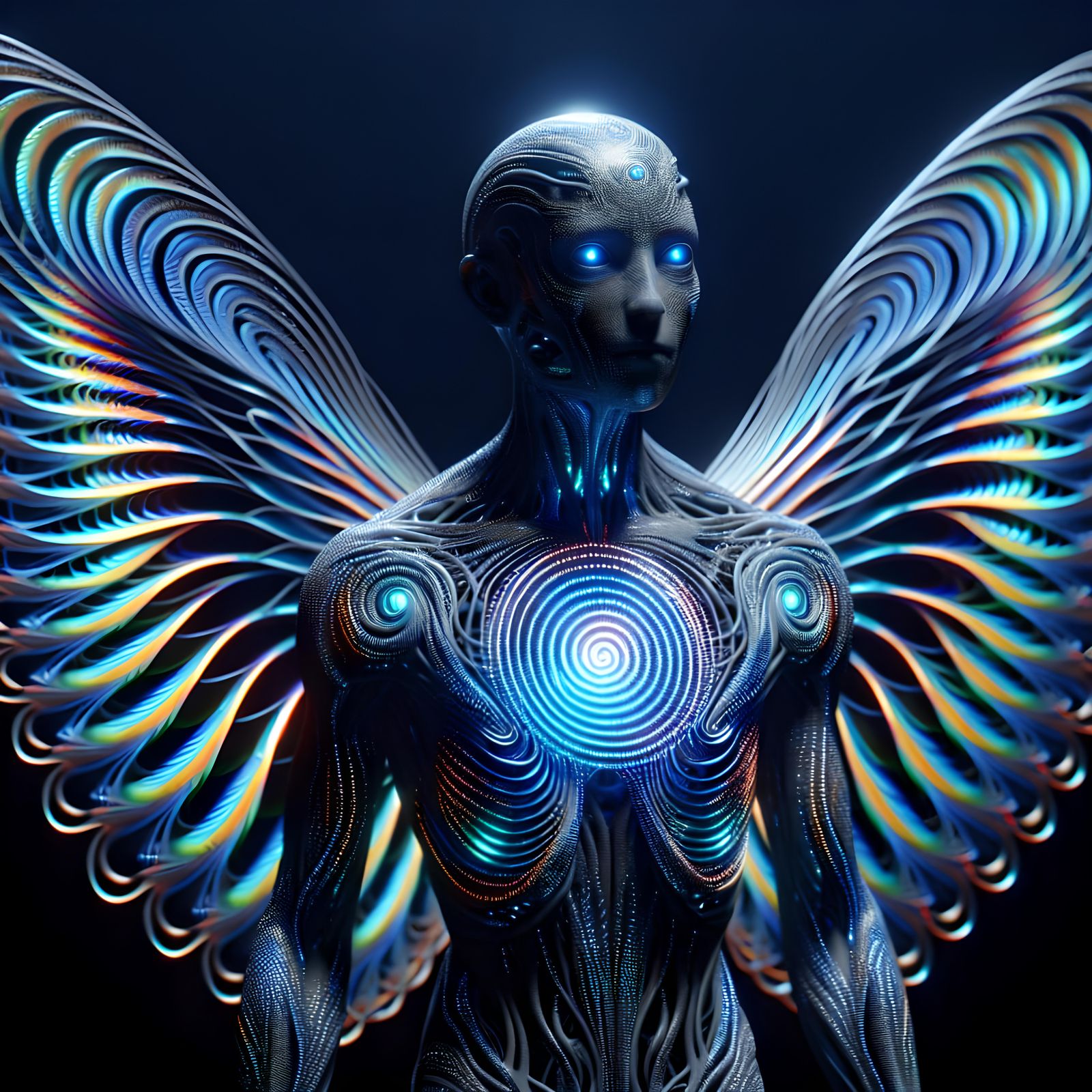 Futuristic Alien with Iridescent Spiral Wings