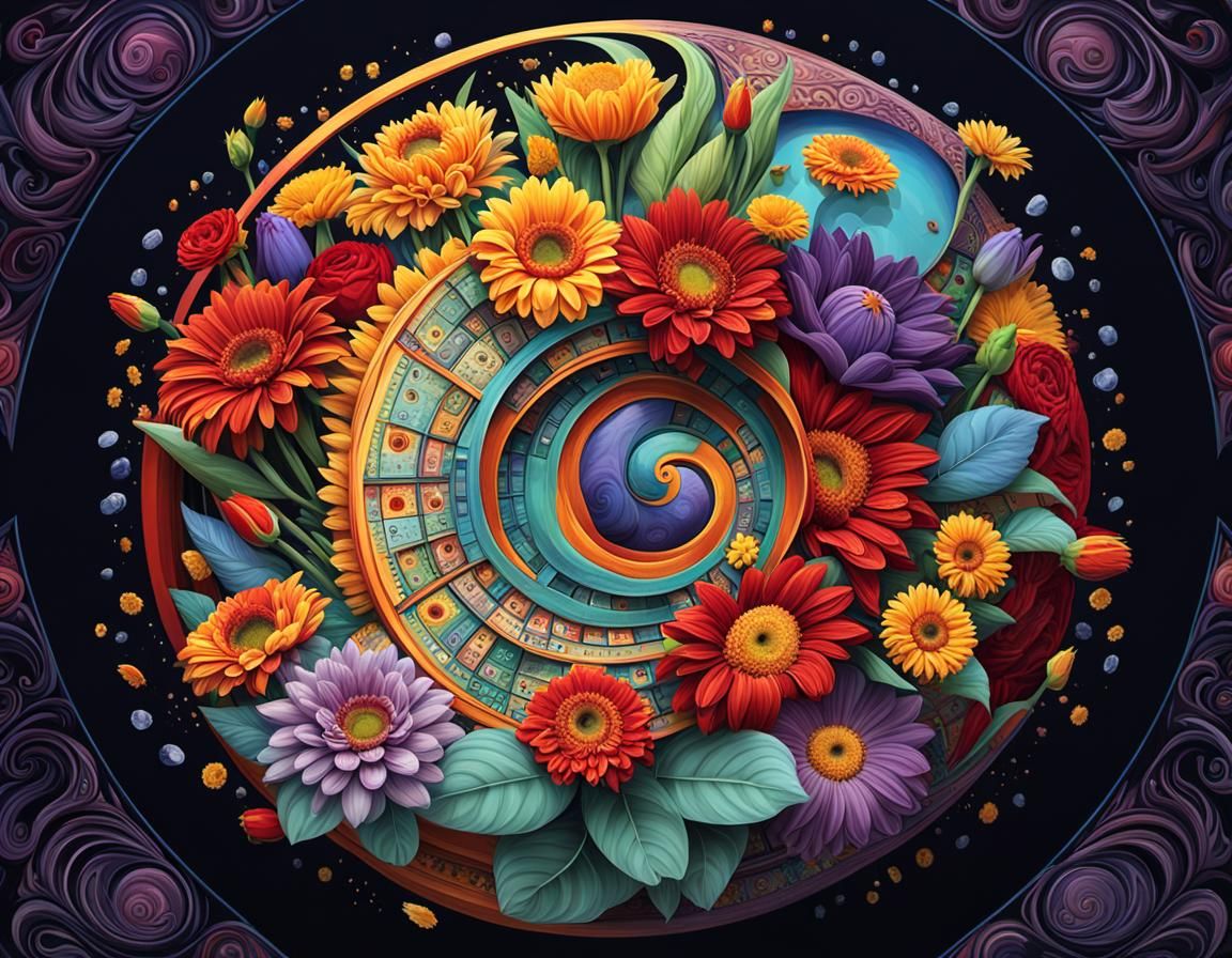 Colorful Floral Panorama with Mathematical Elements