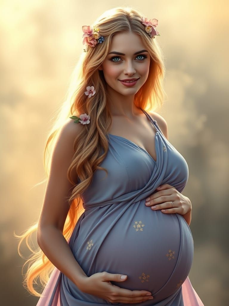 Serene Pregnant Goddess in Luminous Mist