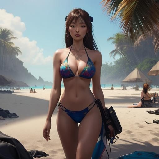 Bikini girls undressing on the beach by WLOP, Carne Griffith...