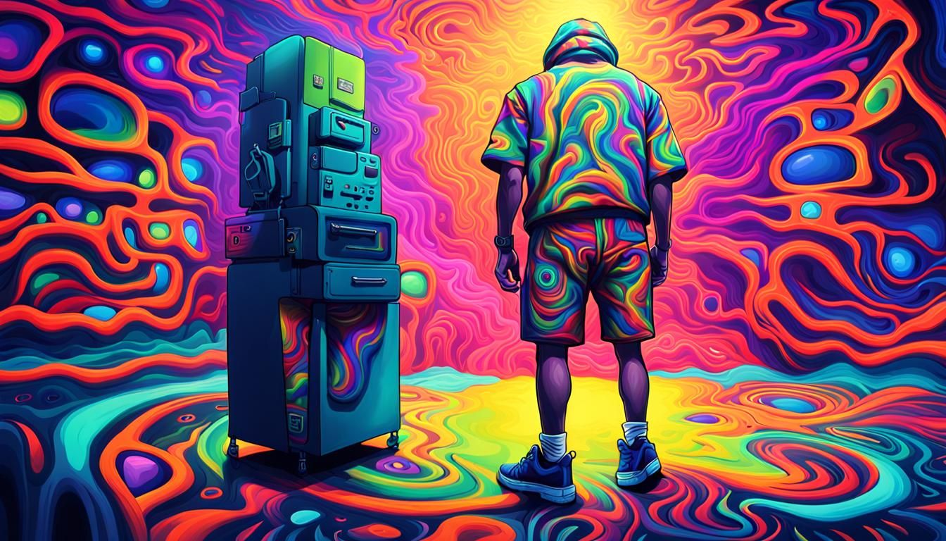 Title: "Psychedelic Psychopath: Neon Nightmare"

Description:
Create an AI-generated image of a hyper-realistic scene fe...