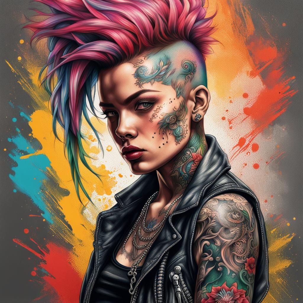 Hyperrealistic Tattooed Punk Woman in Splash Art Style